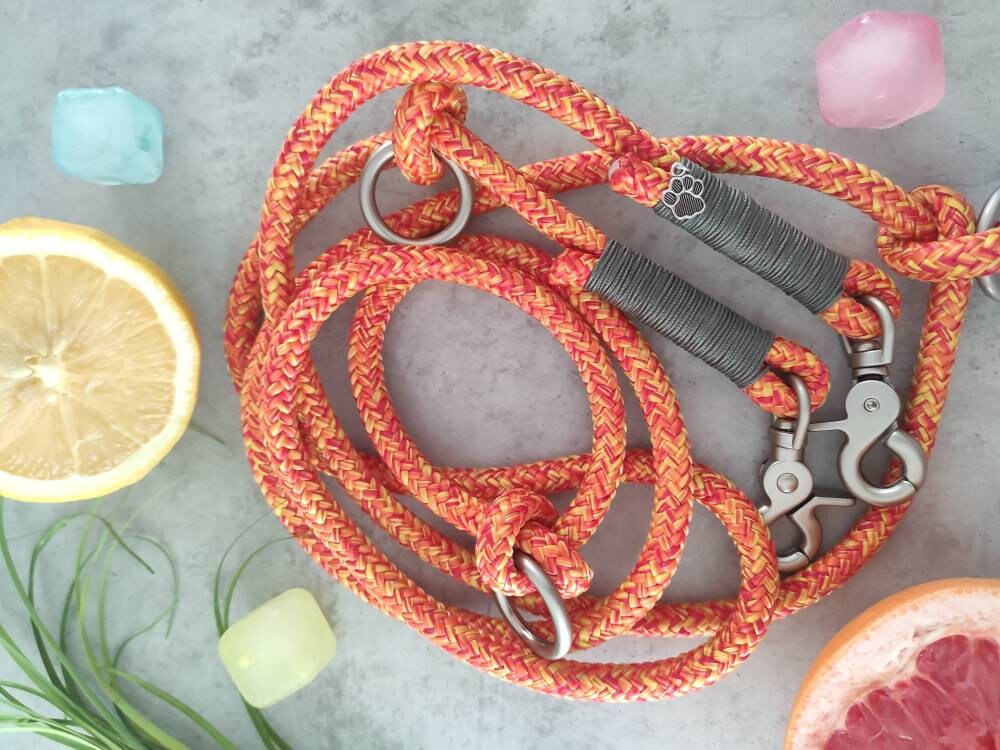 Rope dog leash collar set in orange-yellow with gray | SET HOT SUMMER