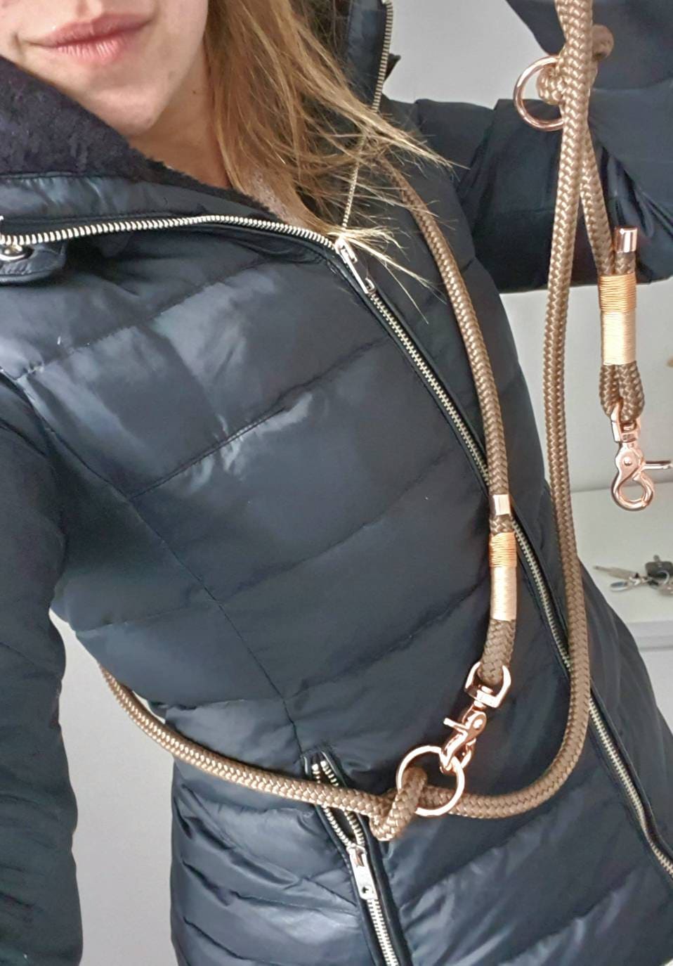 Rope dog leash collar set in brown with beige and gold | GOLDEN AUTUMN SET
