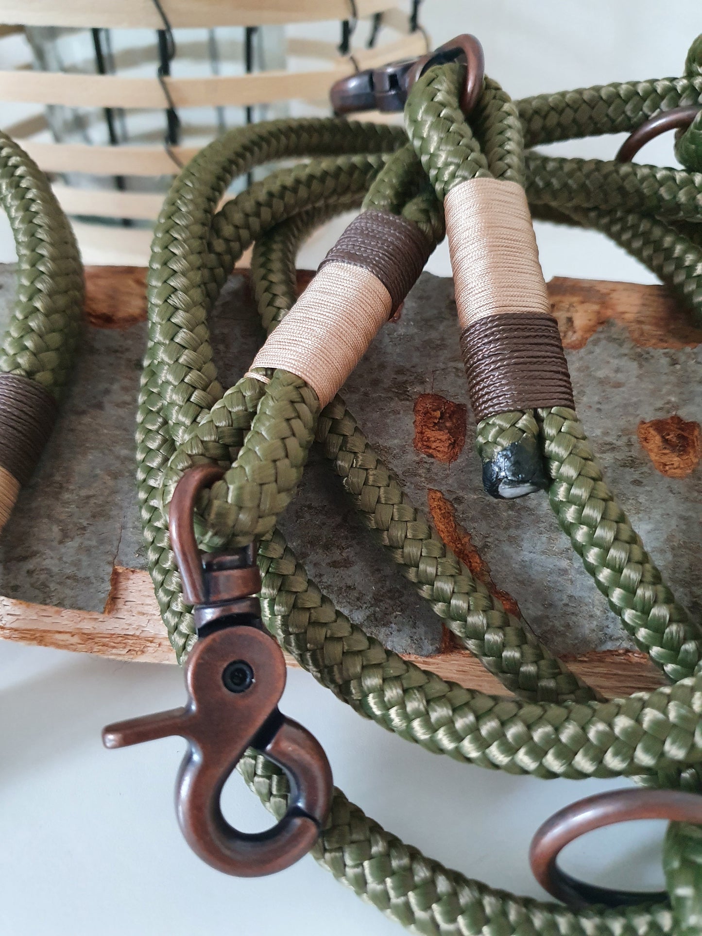 Rope dog leash collar set in olive green and copper | SET WALDLUST