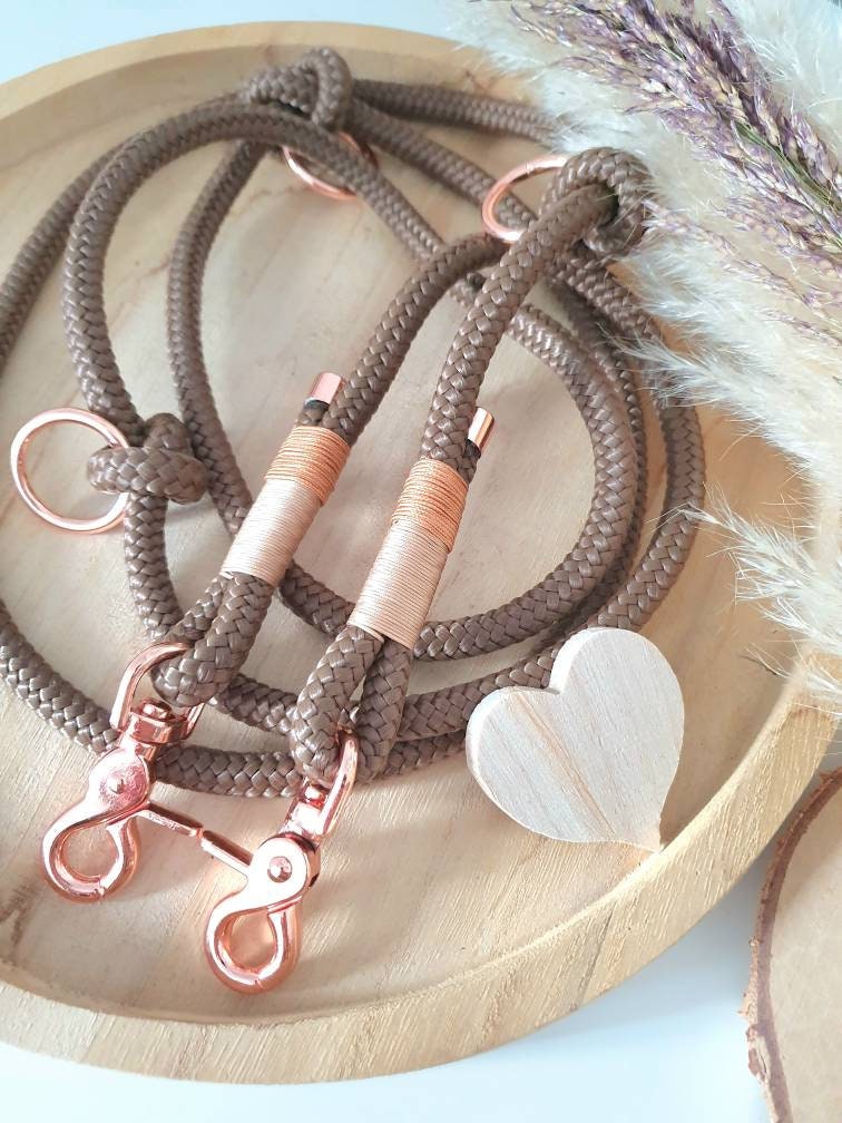 Rope dog leash collar set in brown with beige and gold | GOLDEN AUTUMN SET