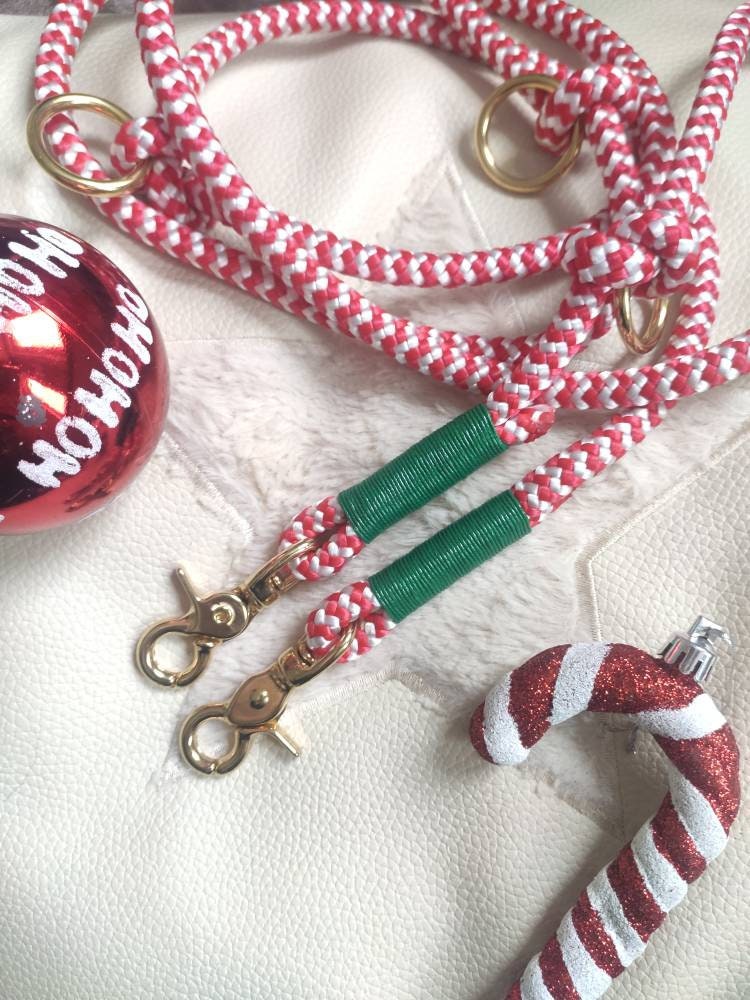 Rope dog leash collar set in red and white with green | Christmas Edition | SET CANDY CANE