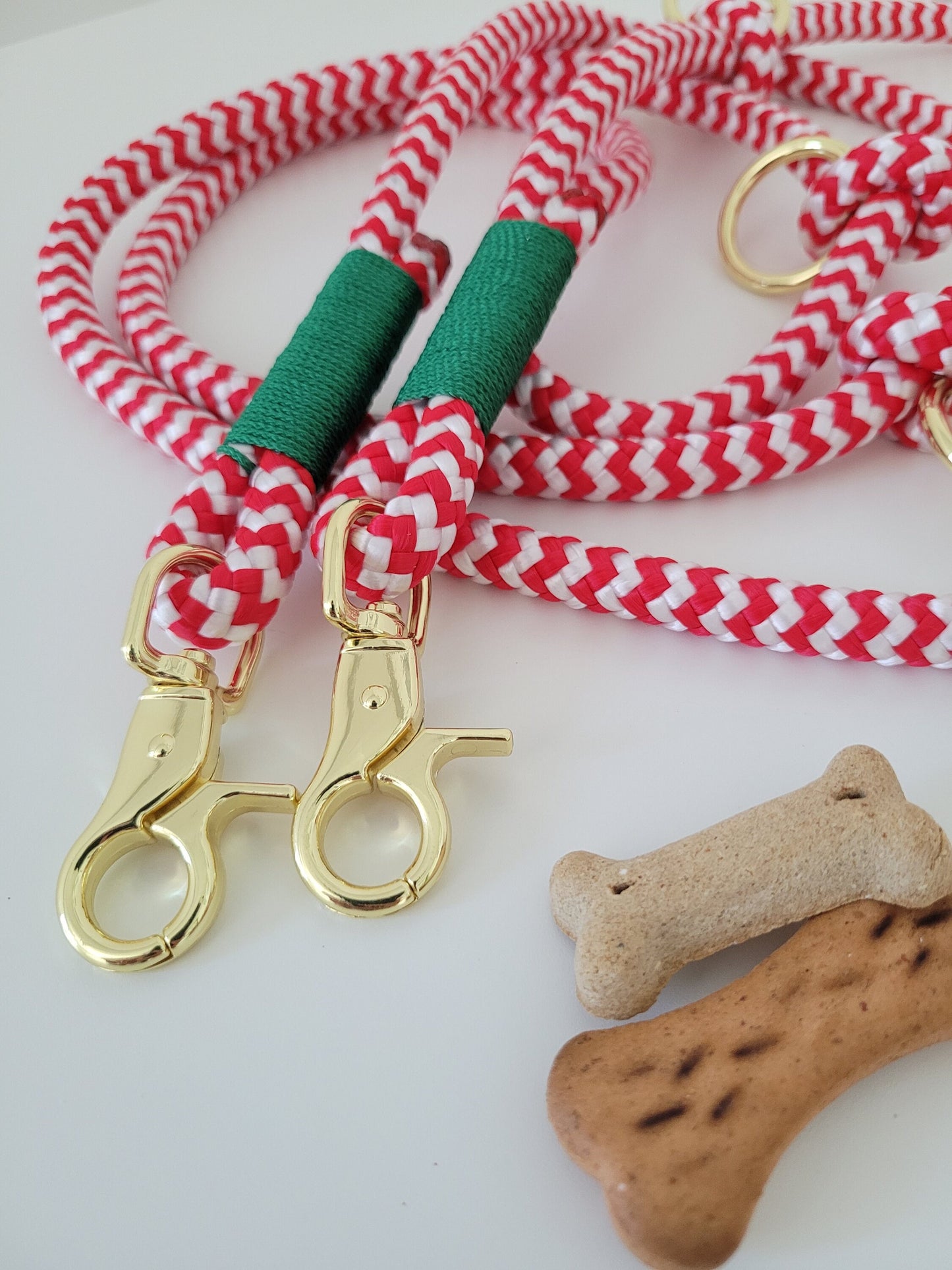 Rope dog leash collar set in red and white with green | Christmas Edition | SET CANDY CANE