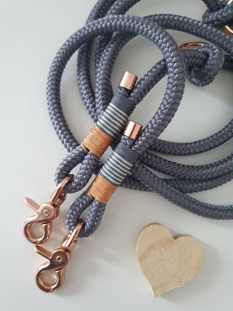 Rope dog leash collar set in gray and rose gold | SET MORGENTAU
