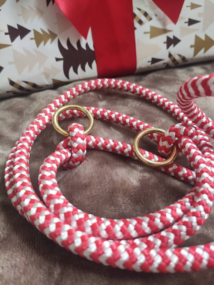 Rope dog leash collar set in red and white with green | Christmas Edition | SET CANDY CANE