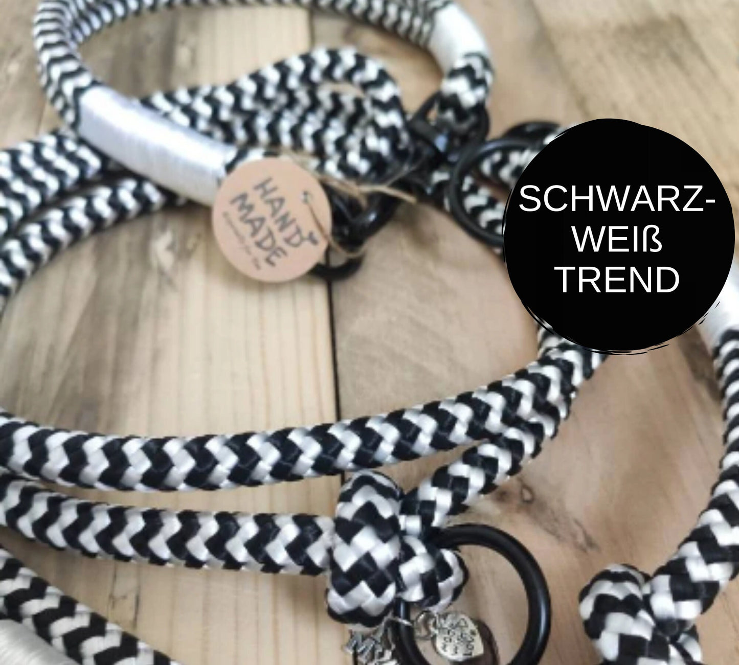 Rope dog leash collar set in black and white | BLACK SENSATION