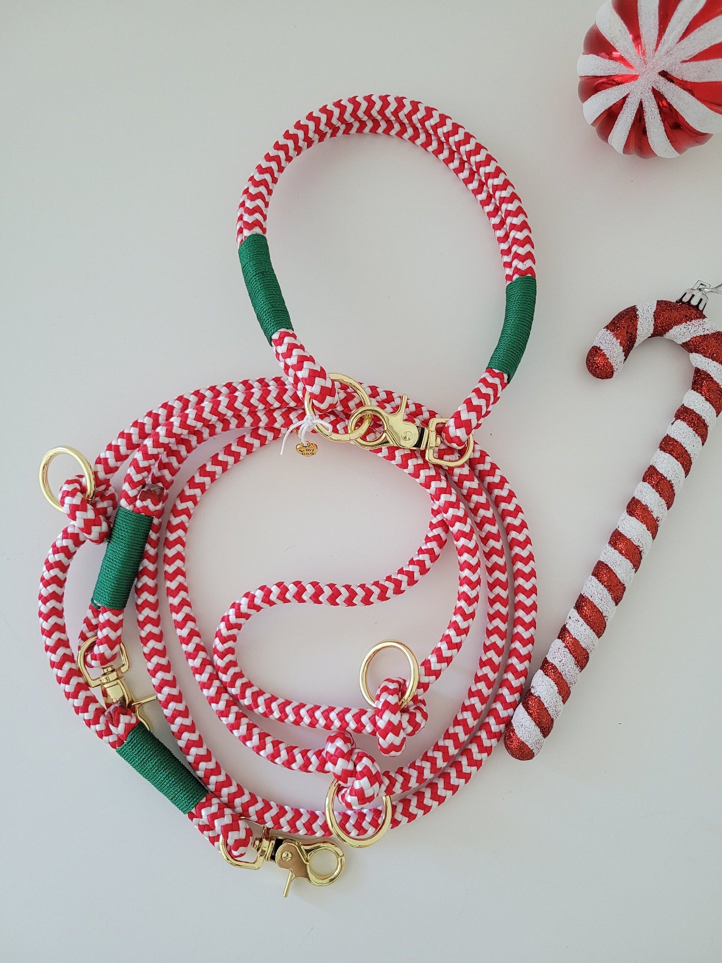 Rope dog leash collar set in red and white with green | Christmas Edition | SET CANDY CANE
