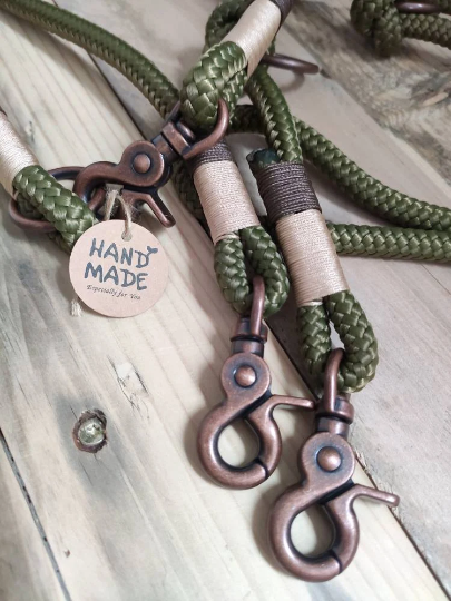Rope dog leash collar set in olive green and copper | SET WALDLUST