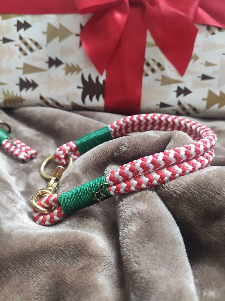 Rope dog leash collar set in red and white with green | Christmas Edition | SET CANDY CANE