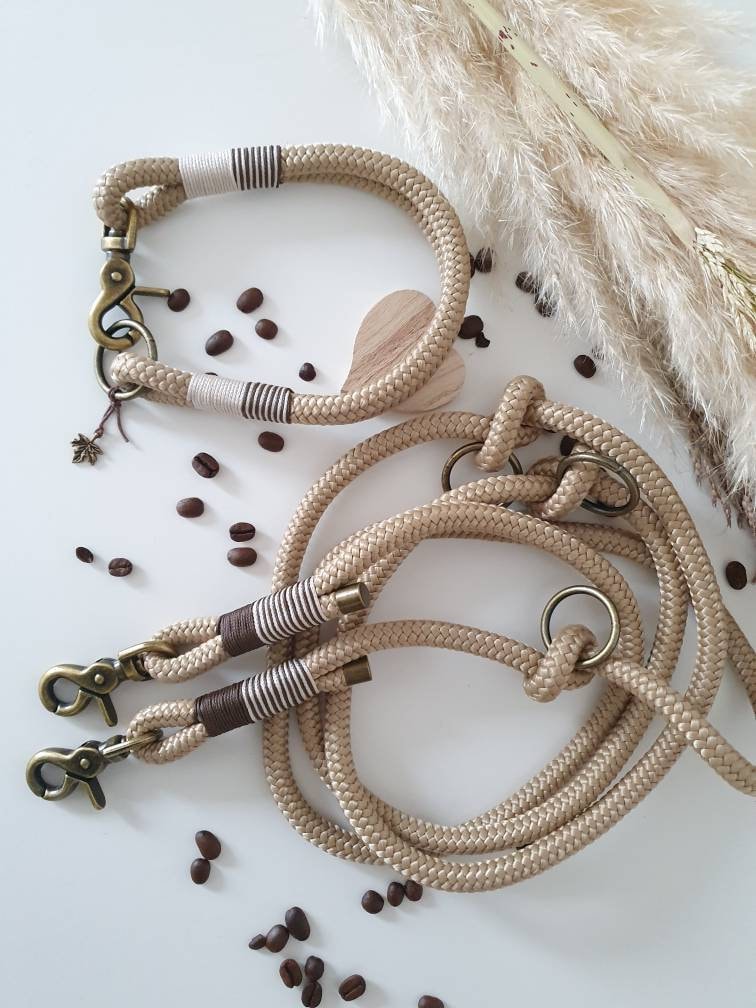 Rope dog leash collar set in cream and brown | SET MOKKA