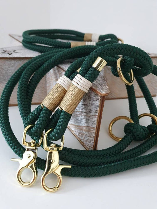 Rope dog leash collar set in dark green with white and gold | SET MAGIC FORREST