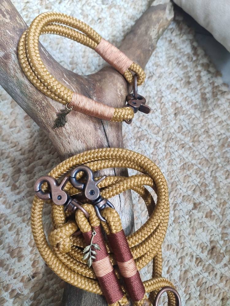 Rope dog leash collar set in mustard yellow with rust red and beige | AUTUMN HAPPINESS SET