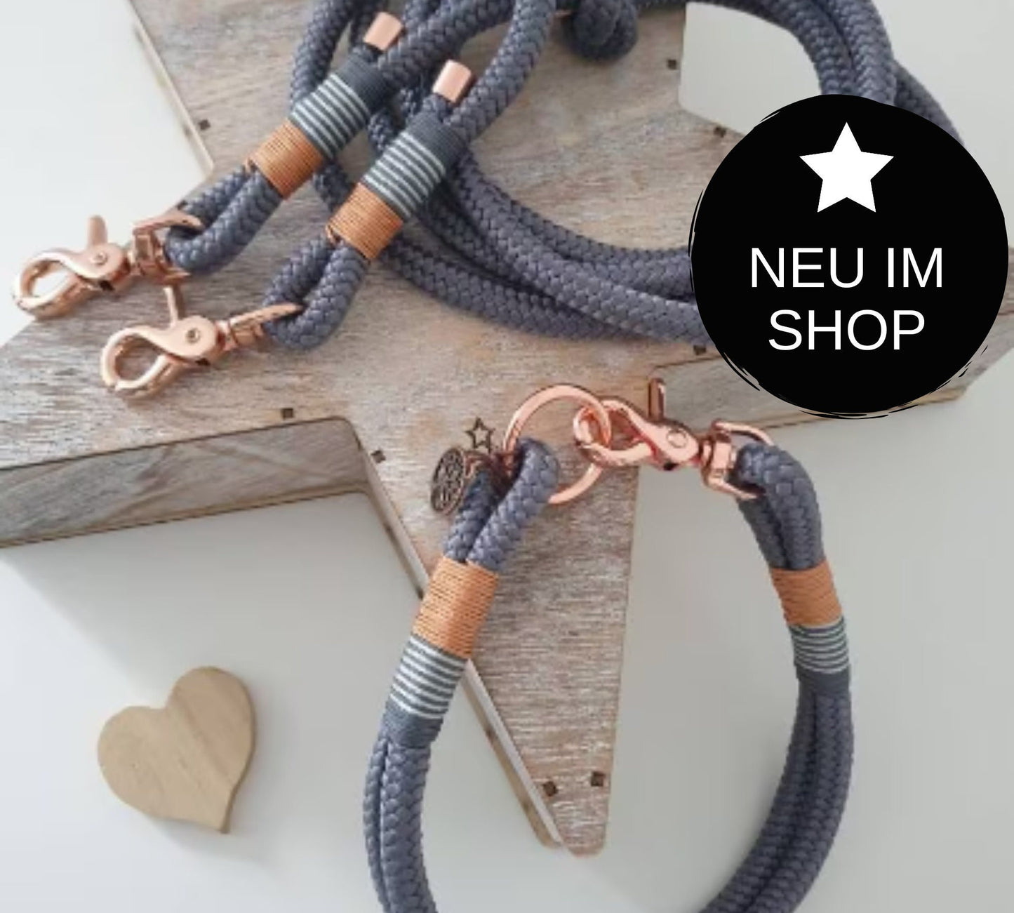 Rope dog leash collar set in gray and rose gold | SET MORGENTAU