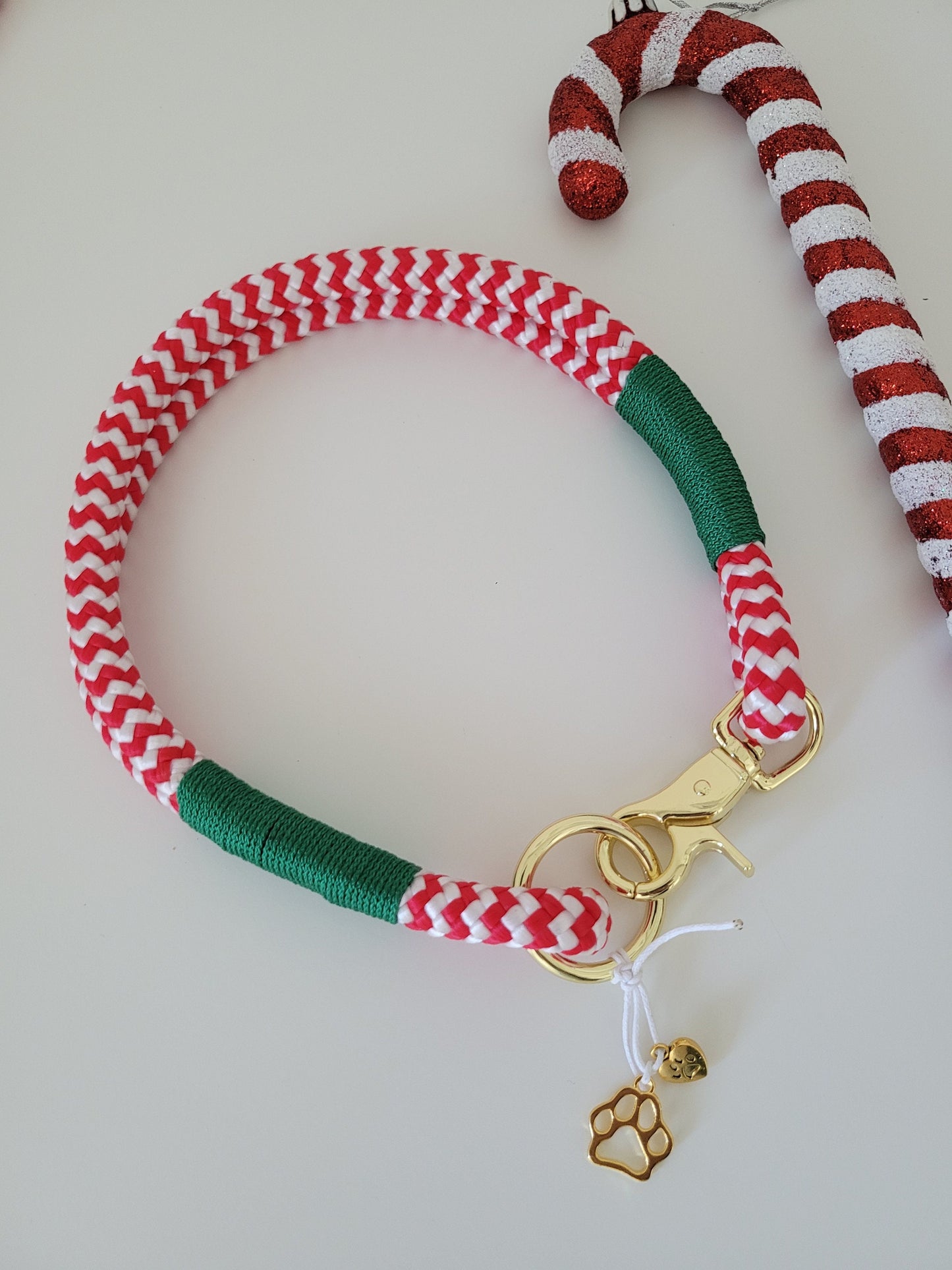 Rope dog leash collar set in red and white with green | Christmas Edition | SET CANDY CANE