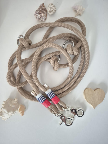 Rope towline for dogs in beige with red, blue, and white | COASTAL WIND TOWLINE