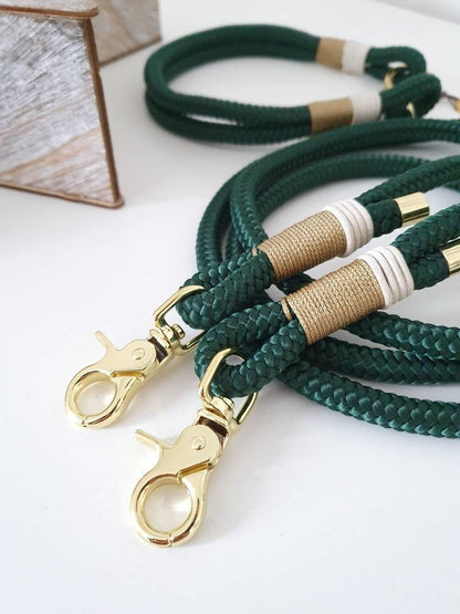 Rope dog leash collar set in dark green with white and gold | SET MAGIC FORREST