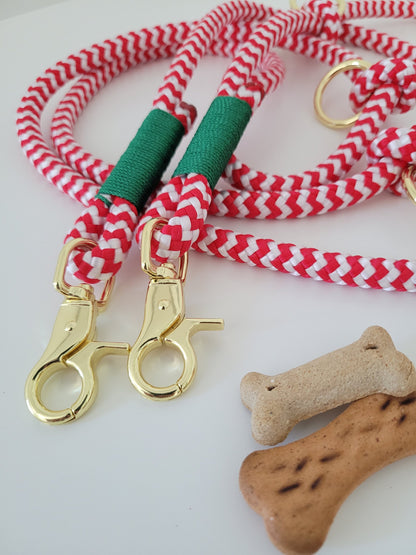 Rope dog leash collar set in red and white with green | Christmas Edition | SET CANDY CANE