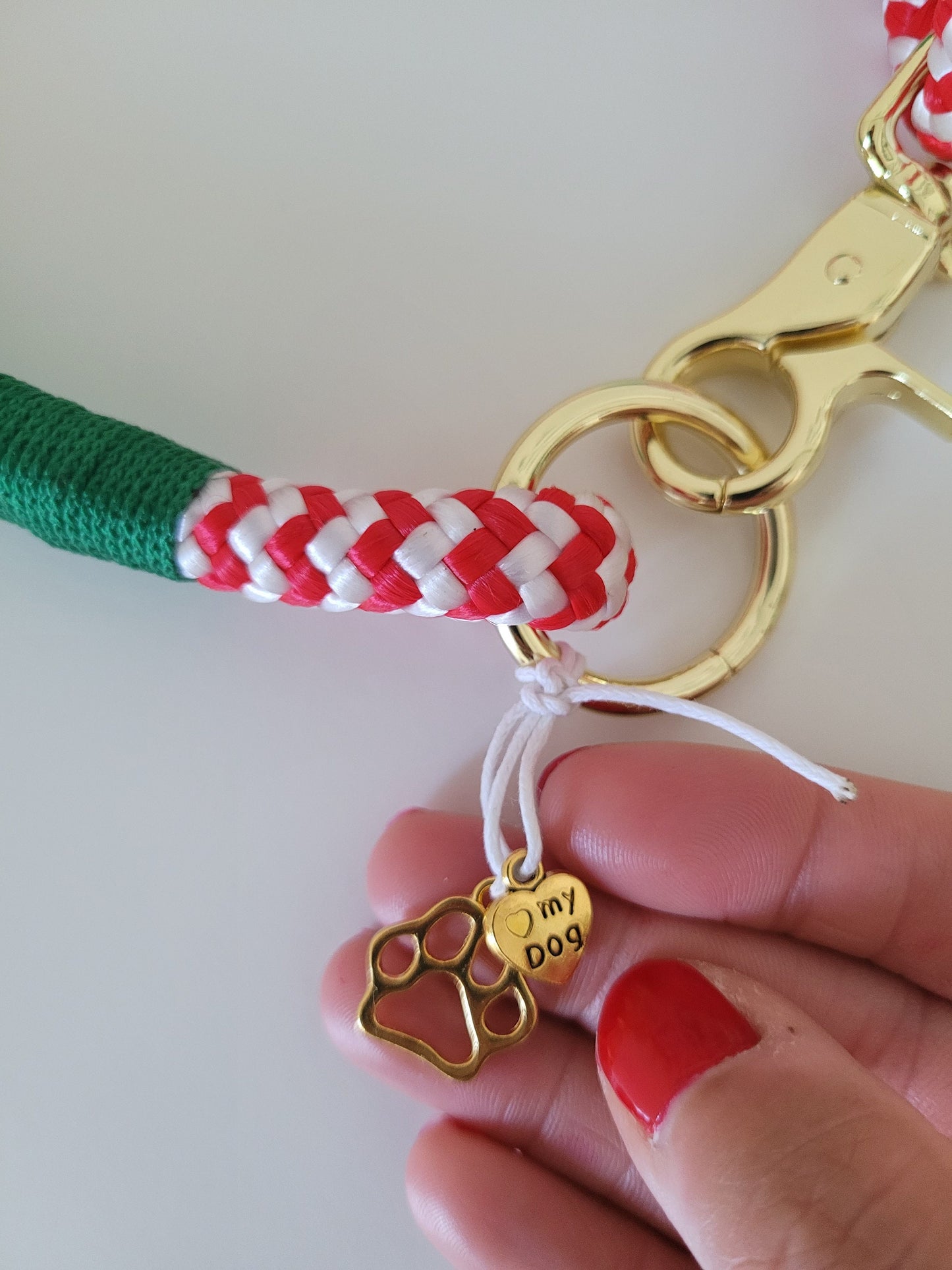 Rope dog leash collar set in red and white with green | Christmas Edition | SET CANDY CANE