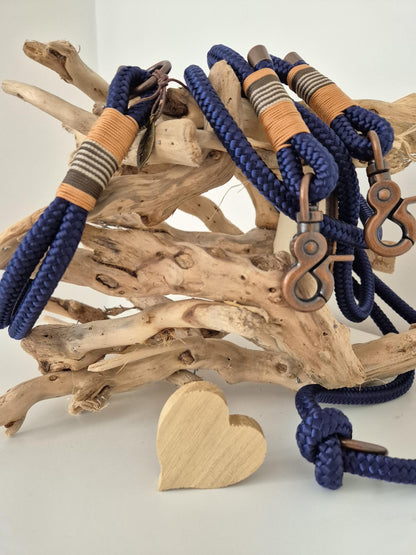 Rope dog leash collar set in dark blue with orange and copper | SET INDIAN SUMMER