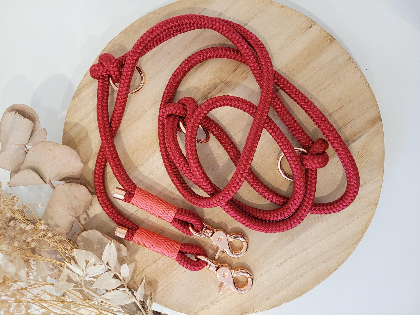 Rope dog leash in wine red with pink | CANDYLOVE LEASH