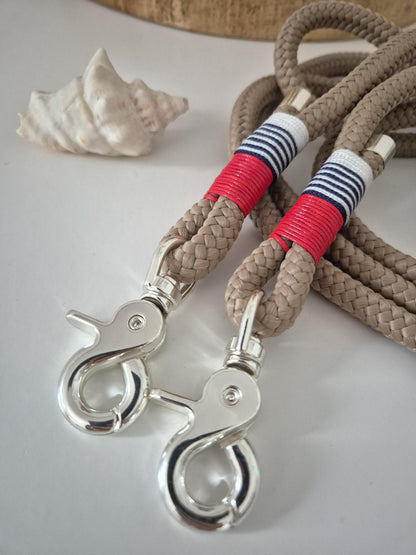 Rope towline for dogs in beige with red, blue, and white | COASTAL WIND TOWLINE