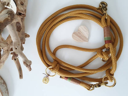 Rope leash in mustard yellow with wine red and khaki | Amber towline