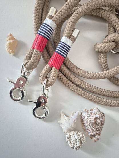 Rope towline for dogs in beige with red, blue, and white | COASTAL WIND TOWLINE