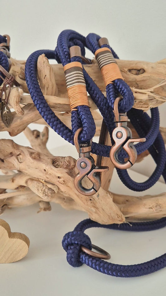 Rope dog leash collar set in dark blue with orange and copper | SET INDIAN SUMMER