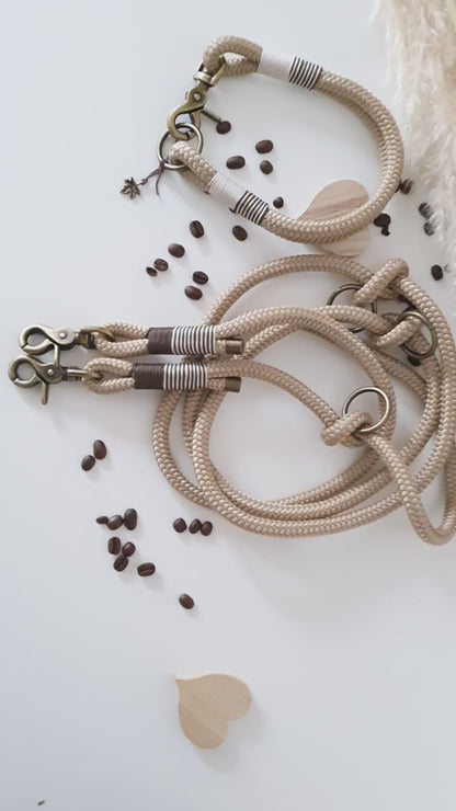 Rope dog leash collar set in cream and brown | SET MOKKA